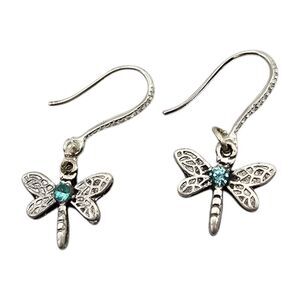 Pierced Earrings Dragonfly Charm Dangle Blue Rhinestones Silver Tone Minimalist